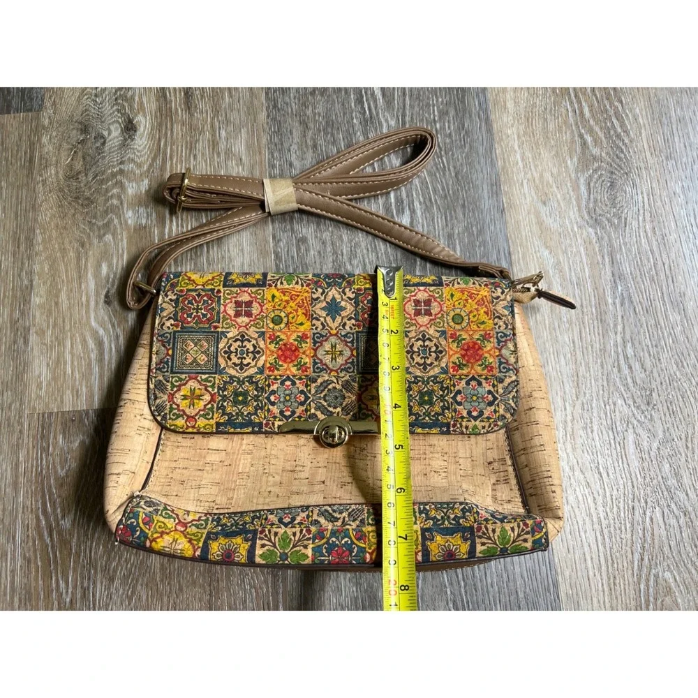 Cork Crossbody Bag Womens Medium Tan Tile‎ Print Mediterranean Boho